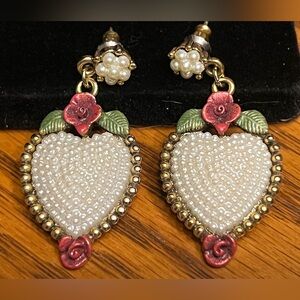 Uniquely romantic embellished earrings with faux pearl hearts, flowers, & leaves